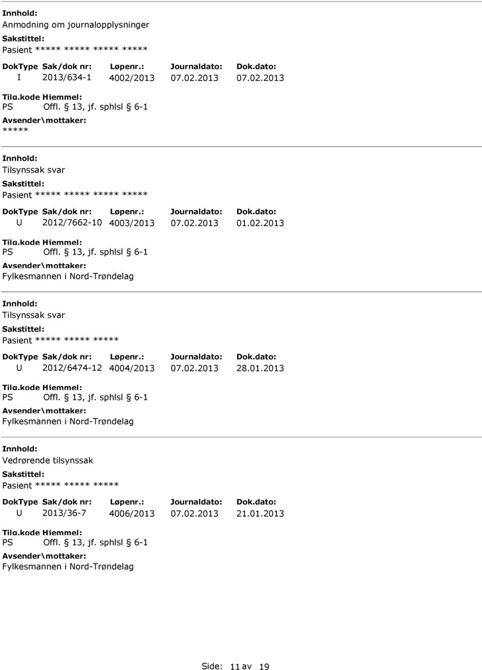 2013 Tilsynssak svar Pasient ***** ***** ***** 2012/6474-12 4004/2013 Fylkesmannen i Nord-Trøndelag