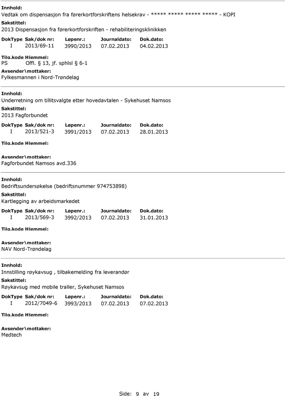 2013 nderretning om tillitsvalgte etter hovedavtalen - Sykehuset Namsos 2013 Fagforbundet 2013/521-3 3991/2013 28.01.2013 Fagforbundet Namsos avd.