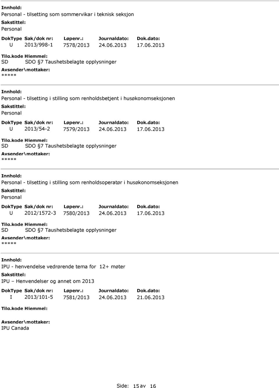 Personal - tilsetting i stilling som renholdsoperatør i husøkonomseksjonen Personal 2012/1572-3 7580/2013 O 7 Taushetsbelagte