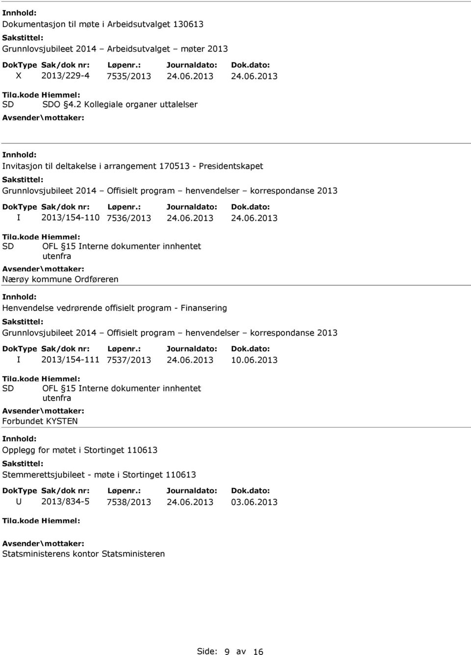 OFL 15 nterne dokumenter innhentet utenfra Nærøy kommune Ordføreren Henvendelse vedrørende offisielt program - Finansering Grunnlovsjubileet 2014 Offisielt program henvendelser korrespondanse