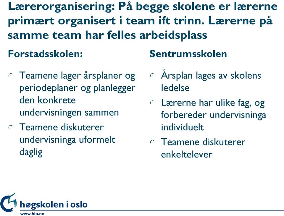 planlegger den konkrete undervisningen sammen l Teamene diskuterer undervisninga uformelt daglig