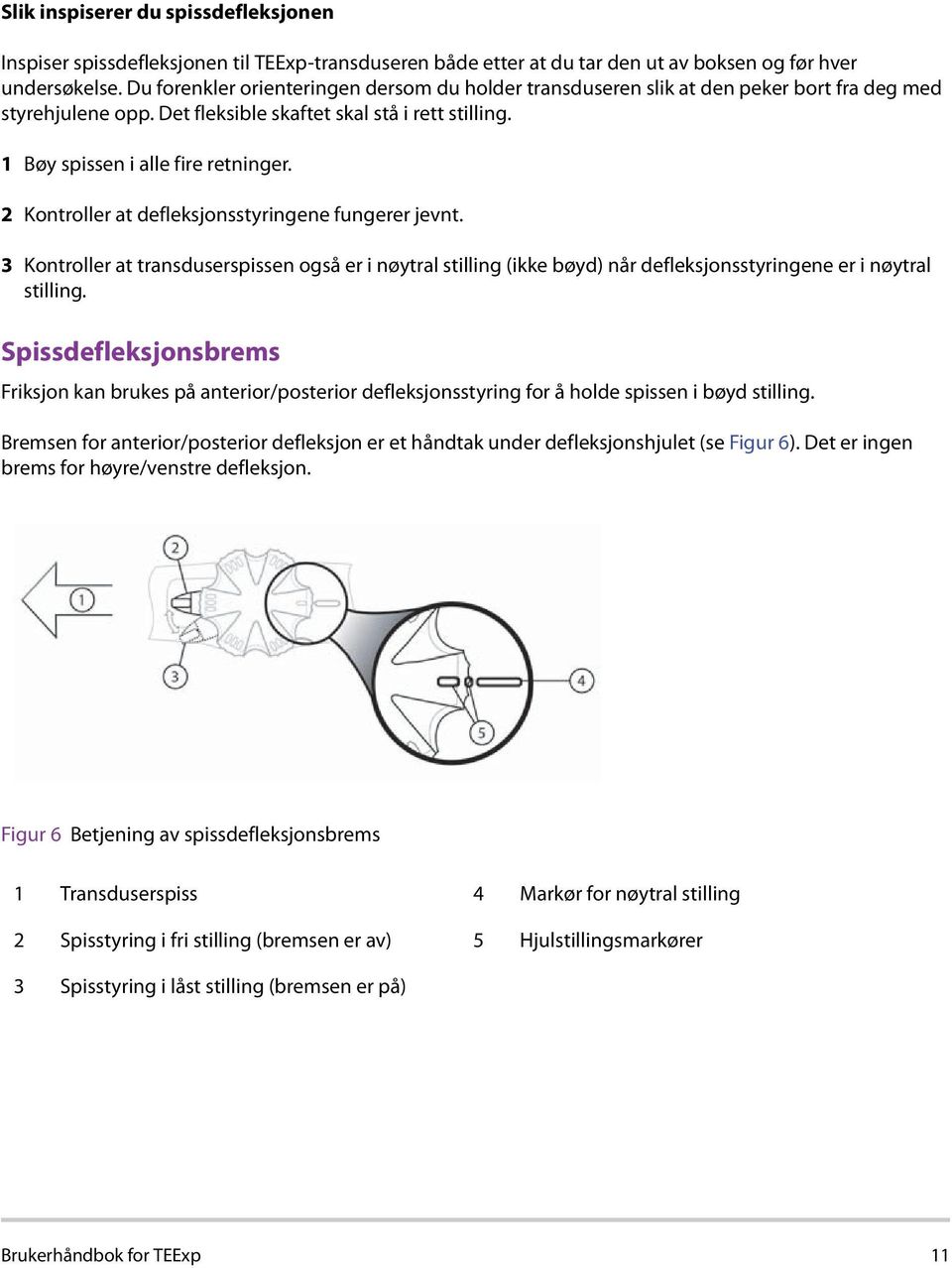 2 Kontroller at defleksjonsstyringene fungerer jevnt. 3 Kontroller at transduserspissen også er i nøytral stilling (ikke bøyd) når defleksjonsstyringene er i nøytral stilling.