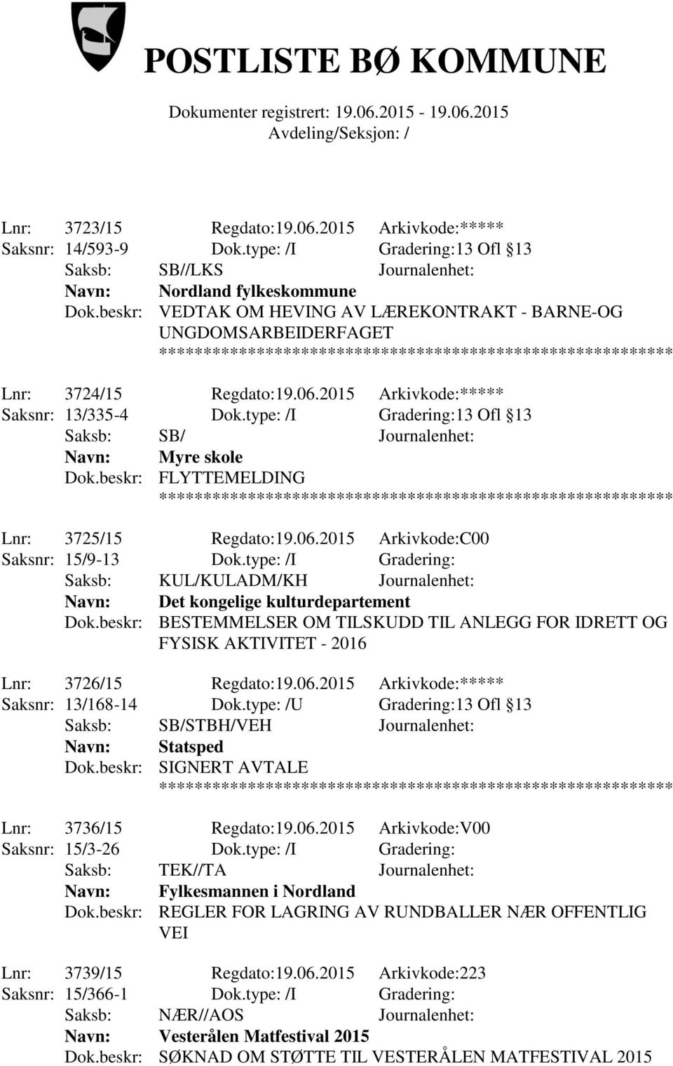 type: /I Gradering:13 Ofl 13 Saksb: SB/ Journalenhet: Navn: Myre skole Dok.beskr: FLYTTEMELDING Lnr: 3725/15 Regdato:19.06.2015 Arkivkode:C00 Saksnr: 15/9-13 Dok.