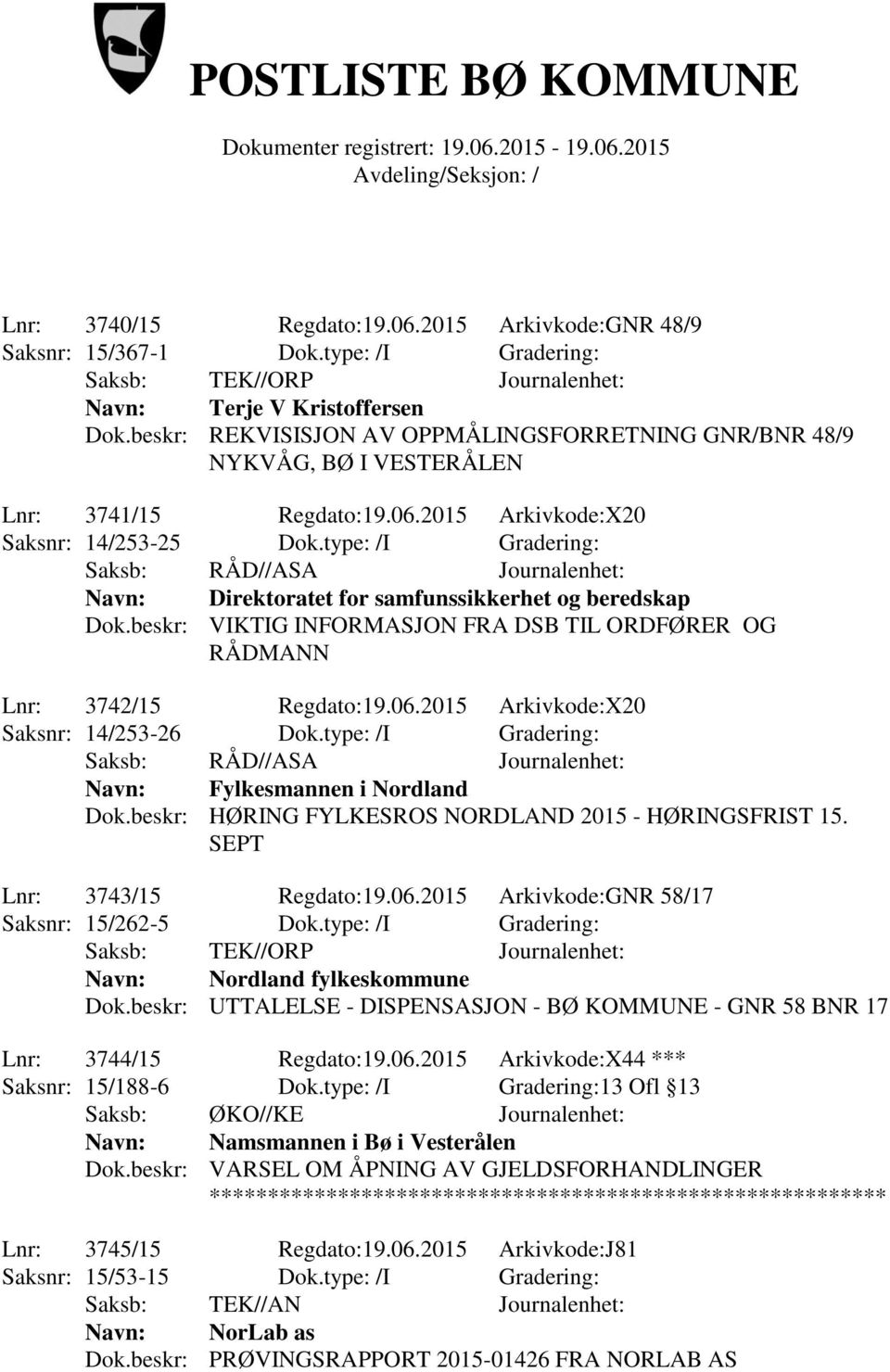 type: /I Gradering: Navn: Direktoratet for samfunssikkerhet og beredskap Dok.beskr: VIKTIG INFORMASJON FRA DSB TIL ORDFØRER OG RÅDMANN Lnr: 3742/15 Regdato:19.06.