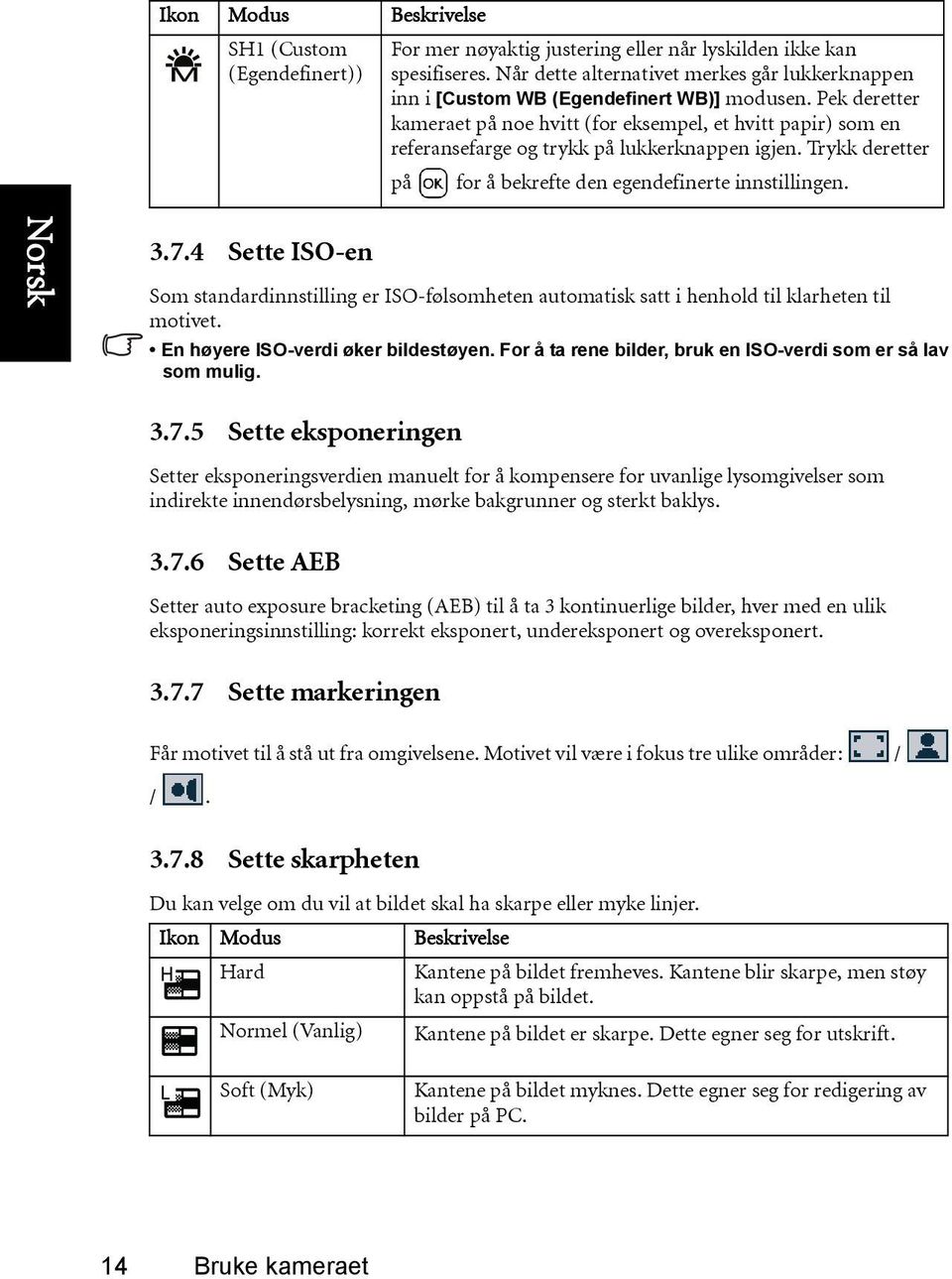 Pek deretter kameraet på noe hvitt (for eksempel, et hvitt papir) som en referansefarge og trykk på lukkerknappen igjen. Trykk deretter på for å bekrefte den egendefinerte innstillingen. 3.7.