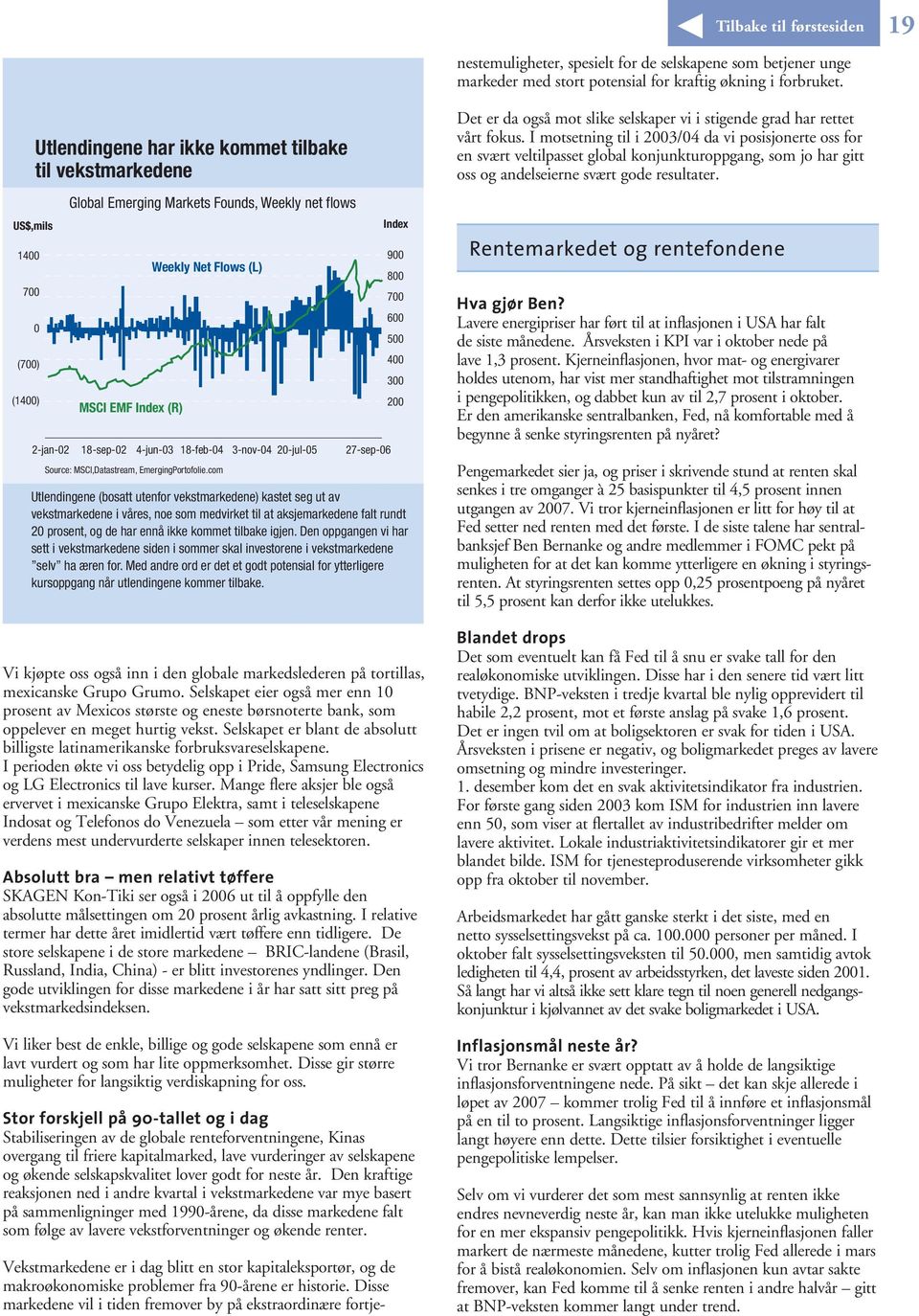 1400 700 0 (700) (1400) Utlendingene har ikke kommet tilbake til vekstmarkedene US$,mils Global Emerging Markets Founds, Weekly net flows MSCI EMF Index (R) Weekly Net Flows (L) 2-jan-02 18-sep-02