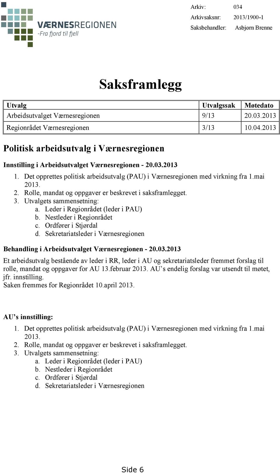 3. Utvalgets sammensetning: a. Leder i Regionrådet (leder i PAU) b. Nestleder i Regionrådet c. Ordfører i Stjørdal d.