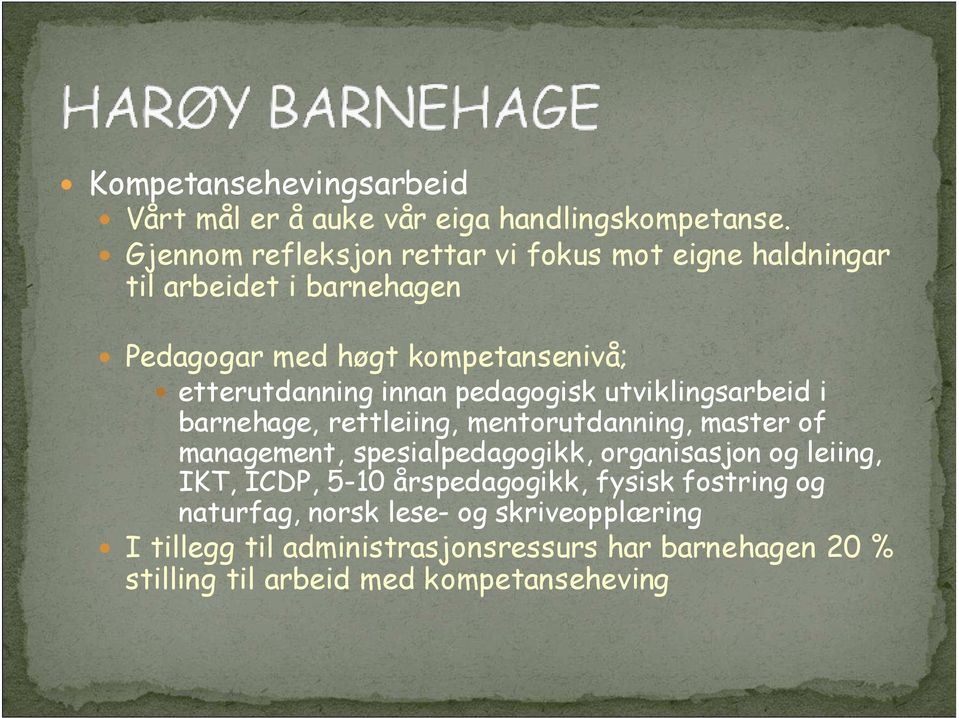 innan pedagogisk utviklingsarbeid i barnehage, rettleiing, mentorutdanning, master of management, spesialpedagogikk, organisasjon og