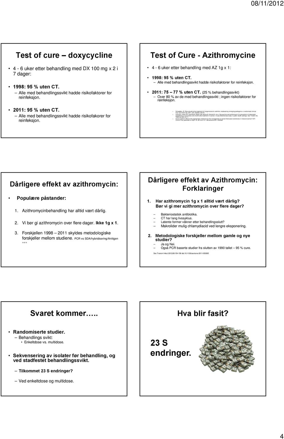 Alle med behandlingssvikt hadde risikofaktorer for reinfeksjon. 2011: 75 77 % uten CT. (25 % behandlingssvikt) Over 80 % av de med behandlingssvikt ; ingen risikofaktorer for reinfeksjon.