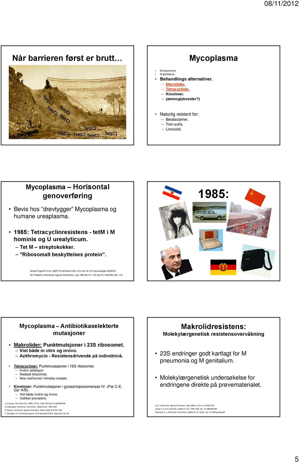 1985: Tetracyclinresistens - tetm i M hominis og U urealyticum. Tet M streptokokker. Ribosomalt beskyttelses protein. Sirand-Pugnet P et al. (2007) PLoS Genet 3(5): e75. doi:10.1371/journal.pgen.