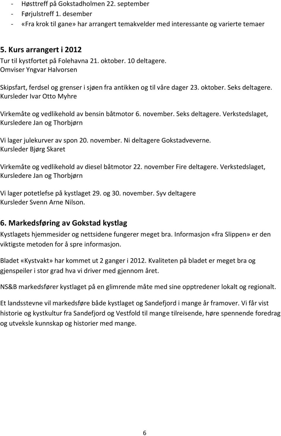 Kursleder Ivar Otto Myhre Virkemåte og vedlikehold av bensin båtmotor 6. november. Seks deltagere. Verkstedslaget, Kursledere Jan og Thorbjørn Vi lager julekurver av spon 20. november. Ni deltagere Gokstadveverne.