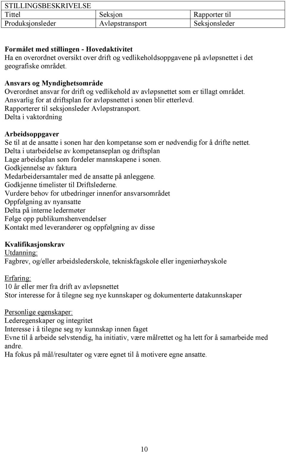 Ansvarlig for at driftsplan for avløpsnettet i sonen blir etterlevd. Rapporterer til seksjonsleder Avløpstransport.