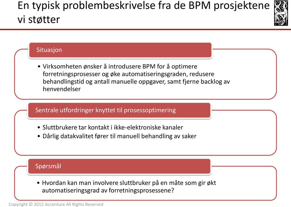 henvendelser Sentrale utfordringer knyttet til prosessoptimering Sluttbrukere tar kontakt i ikke-elektroniske kanaler Dårlig