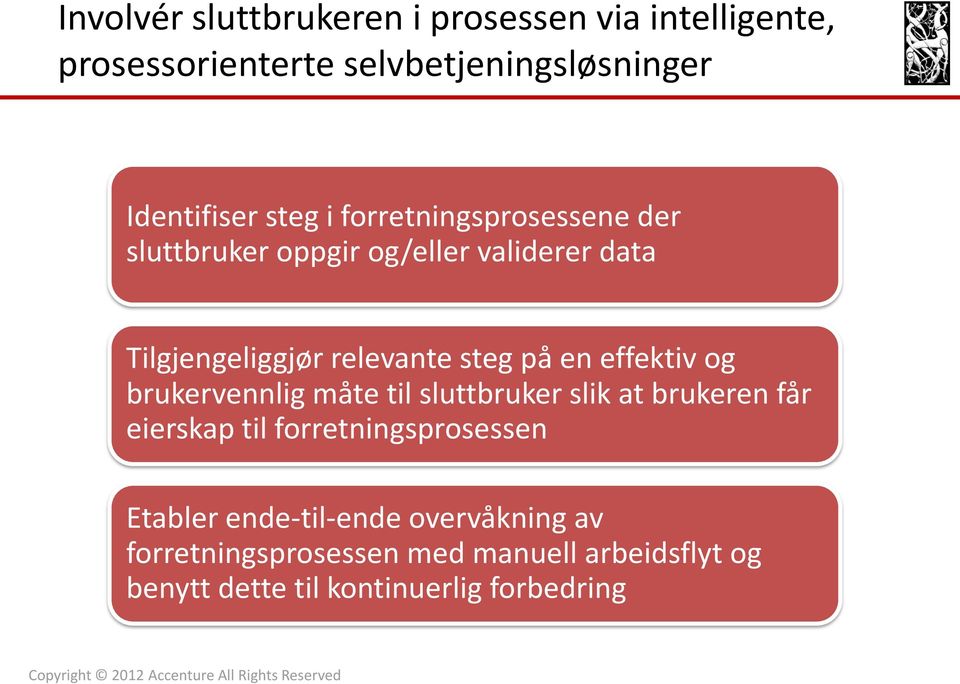 effektiv og brukervennlig måte til sluttbruker slik at brukeren får eierskap til forretningsprosessen Etabler