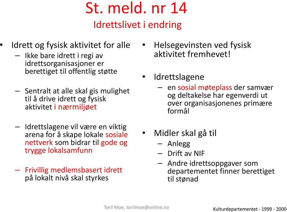 mulighet til å drive idrett og fysisk aktivitet i nærmiljøet Idrettslagene vil være en viktig arena for å skape lokale sosiale nettverk som bidrar til gode og trygge lokalsamfunn