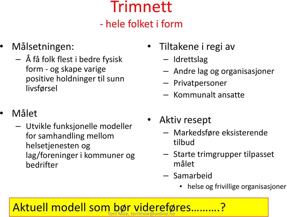 Tiltakene i regi av Idrettslag Andre lag og organisasjoner Privatpersoner Kommunalt ansatte Aktiv resept Markedsføre