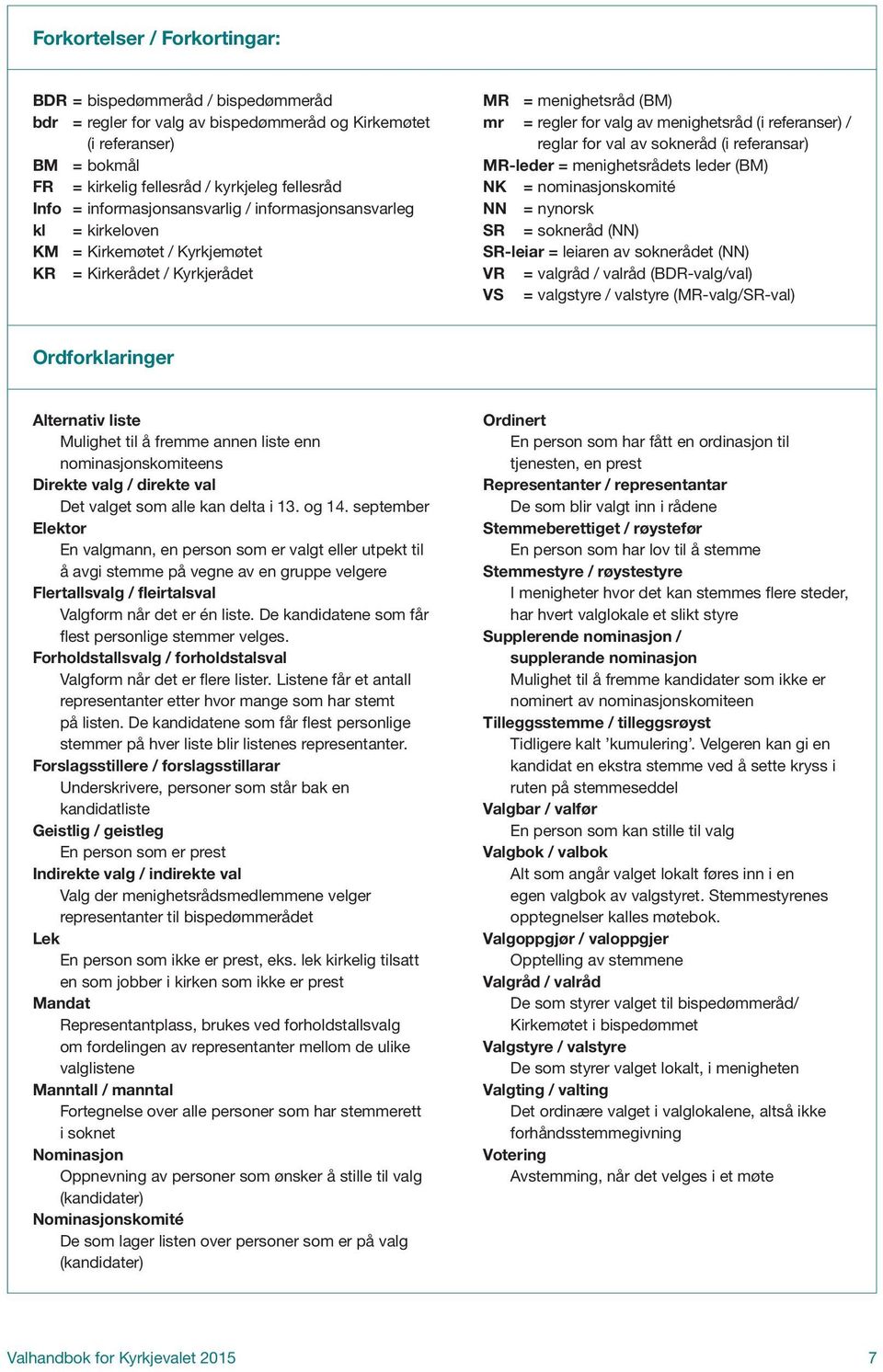 reglar for val av sokneråd (i referansar) MR-leder = menighetsrådets leder (BM) NK = nominasjonskomité NN = nynorsk SR = sokneråd (NN) SR-leiar = leiaren av soknerådet (NN) VR = valgråd / valråd