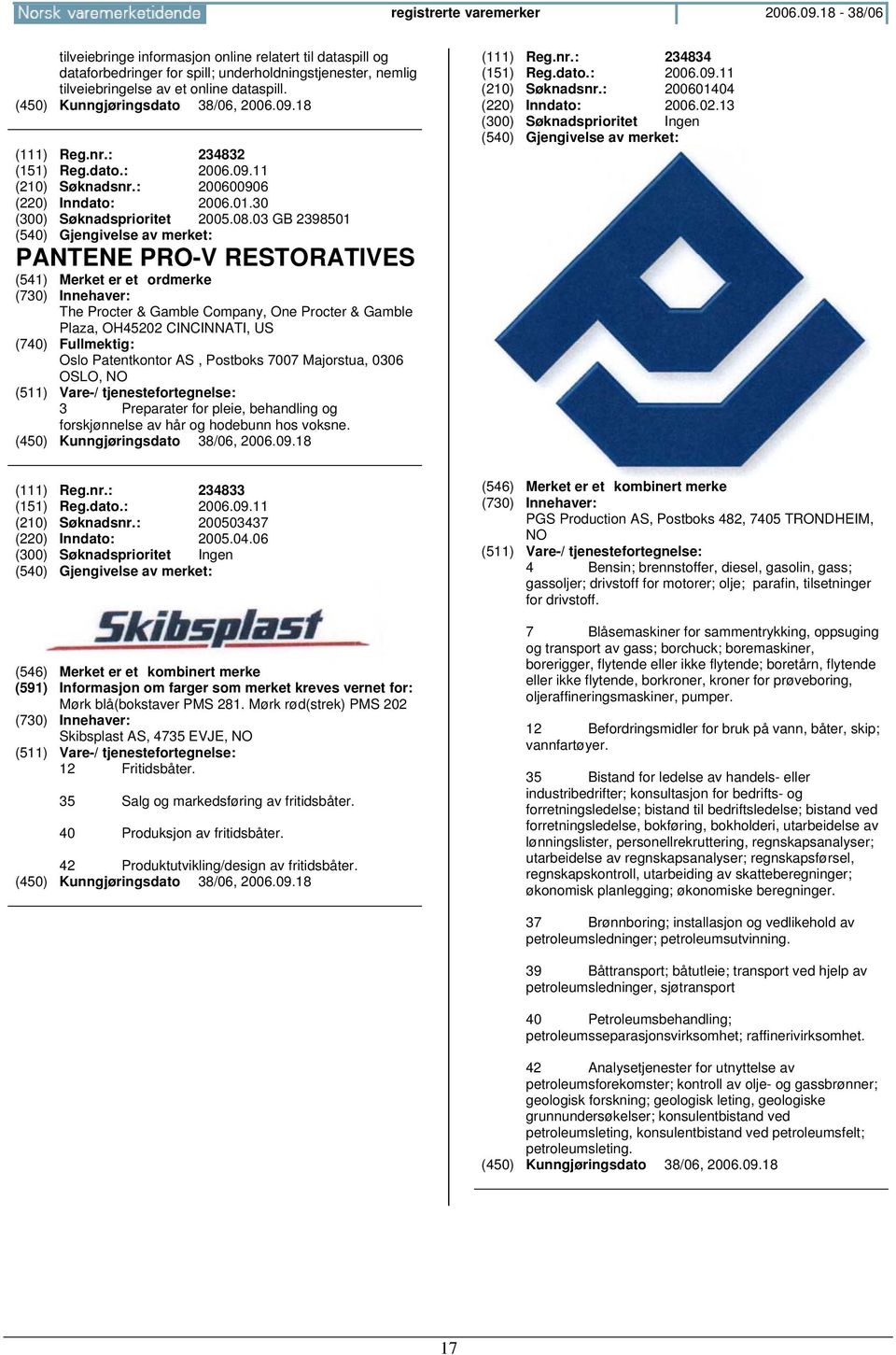 03 GB 2398501 PANTENE PRO-V RESTORATIVES The Procter & Gamble Company, One Procter & Gamble Plaza, OH45202 CINCINNATI, US Oslo Patentkontor AS, Postboks 7007 Majorstua, 0306 OSLO, 3 Preparater for