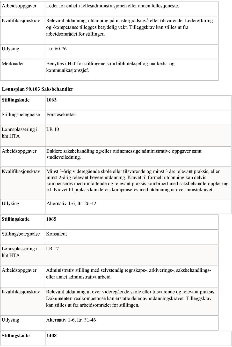 103 Saksbehandler Stillingskode 1063 Førstesekretær LR 10 Enklere saksbehandling og/eller rutinemessige administrative oppgaver samt studieveiledning.