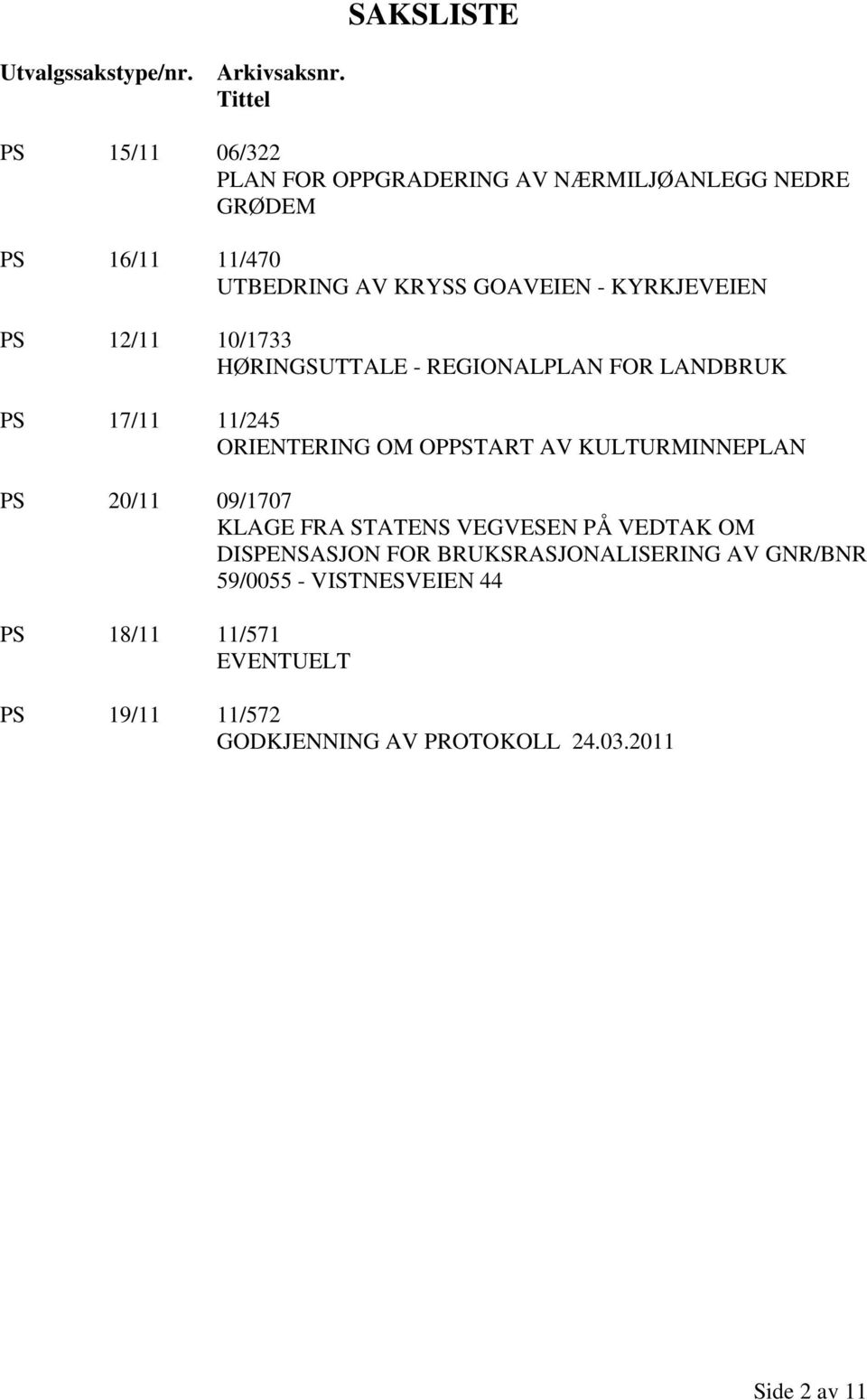 KYRKJEVEIEN PS 12/11 10/1733 HØRINGSUTTALE - REGIONALPLAN FOR LANDBRUK PS 17/11 11/245 ORIENTERING OM OPPSTART AV KULTURMINNEPLAN