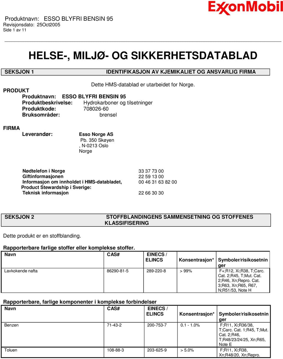 350 Skøyen, N-0213 Oslo Norge Nødtelefon i Norge 33 37 73 00 Giftinformasjonen 22 59 13 00 Informasjon om innholdet i HMS-databladet, 00 46 31 63 82 00 Product Stewardship i Sverige: Teknisk