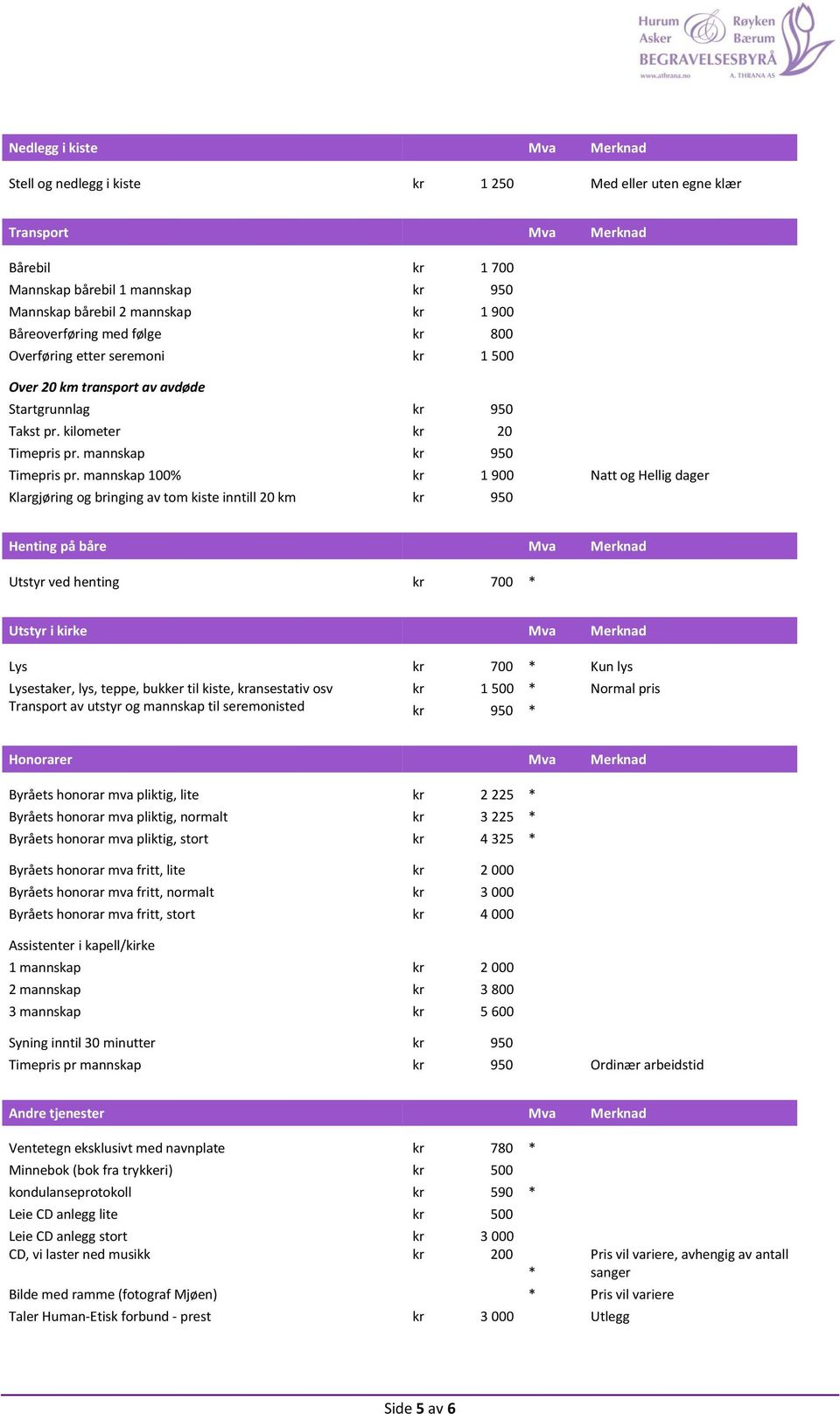 mannskap 100% kr 1 900 Natt og Hellig dager Klargjøring og bringing av tom kiste inntill 20 km kr 950 Henting på båre Mva Merknad Utstyr ved henting kr 700 * Utstyr i kirke Mva Merknad Lys kr 700 *