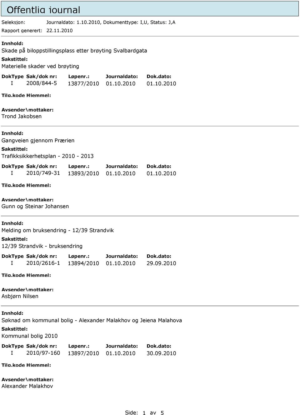 gjennom Prærien Trafikksikkerhetsplan - 2010-2013 2010/749-31 13893/2010 Gunn og Steinar Johansen nnhold: Melding om bruksendring - 12/39 Strandvik 12/39