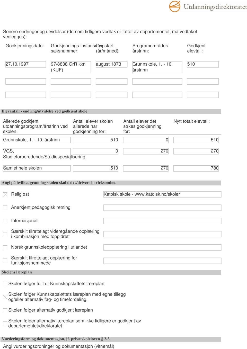 årstrinn 510 Elevantall - endring/utvidelse ved godkjent skole Allerede godkjent utdanningsprogram/årstrinn ved skolen: Antall elever skolen allerede har godkjenning for: Antall elever det søkes