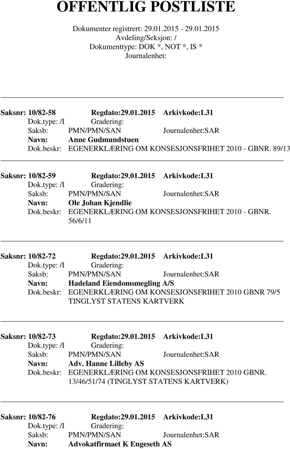 beskr: EGENERKLÆRING OM KONSESJONSFRIHET 2010 GBNR 79/5 TINGLYST STATENS KARTVERK Saksnr: 10/82-73 Regdato:29.01.2015 Arkivkode:L31 Saksb: PMN/PMN/SAN SAR Adv. Hanne Lilleby AS Dok.