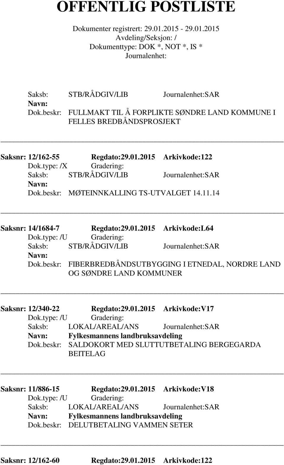 beskr: FIBERBREDBÅNDSUTBYGGING I ETNEDAL, NORDRE LAND OG SØNDRE LAND KOMMUNER Saksnr: 12/340-22 Regdato:29.01.2015 Arkivkode:V17 Saksb: LOKAL/AREAL/ANS SAR Fylkesmannens landbruksavdeling Dok.