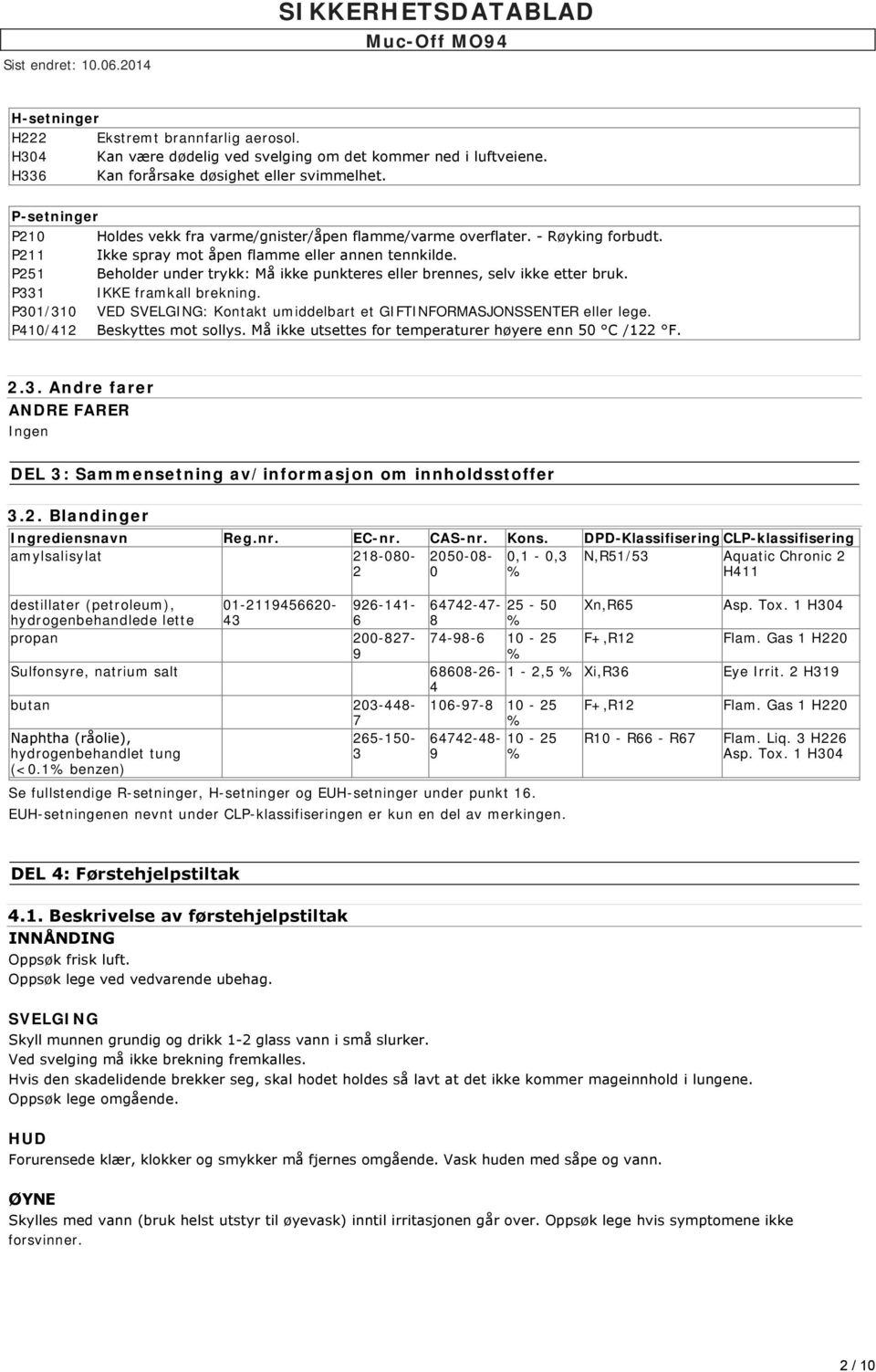 P251 Beholder under trykk: Må ikke punkteres eller brennes, selv ikke etter bruk. P331 IKKE framkall brekning. P301/310 VED SVELGING: Kontakt umiddelbart et GIFTINFORMASJONSSENTER eller lege.