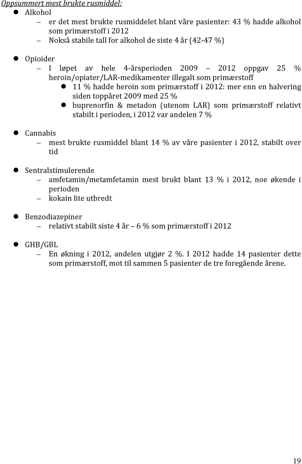 2009 med 25 % buprenorfin & metadon (utenom LAR) som primærstoff relativt stabilt i perioden, i 2012 var andelen 7 % Cannabis mest brukte rusmiddel blant 14 % av våre pasienter i 2012, stabilt over