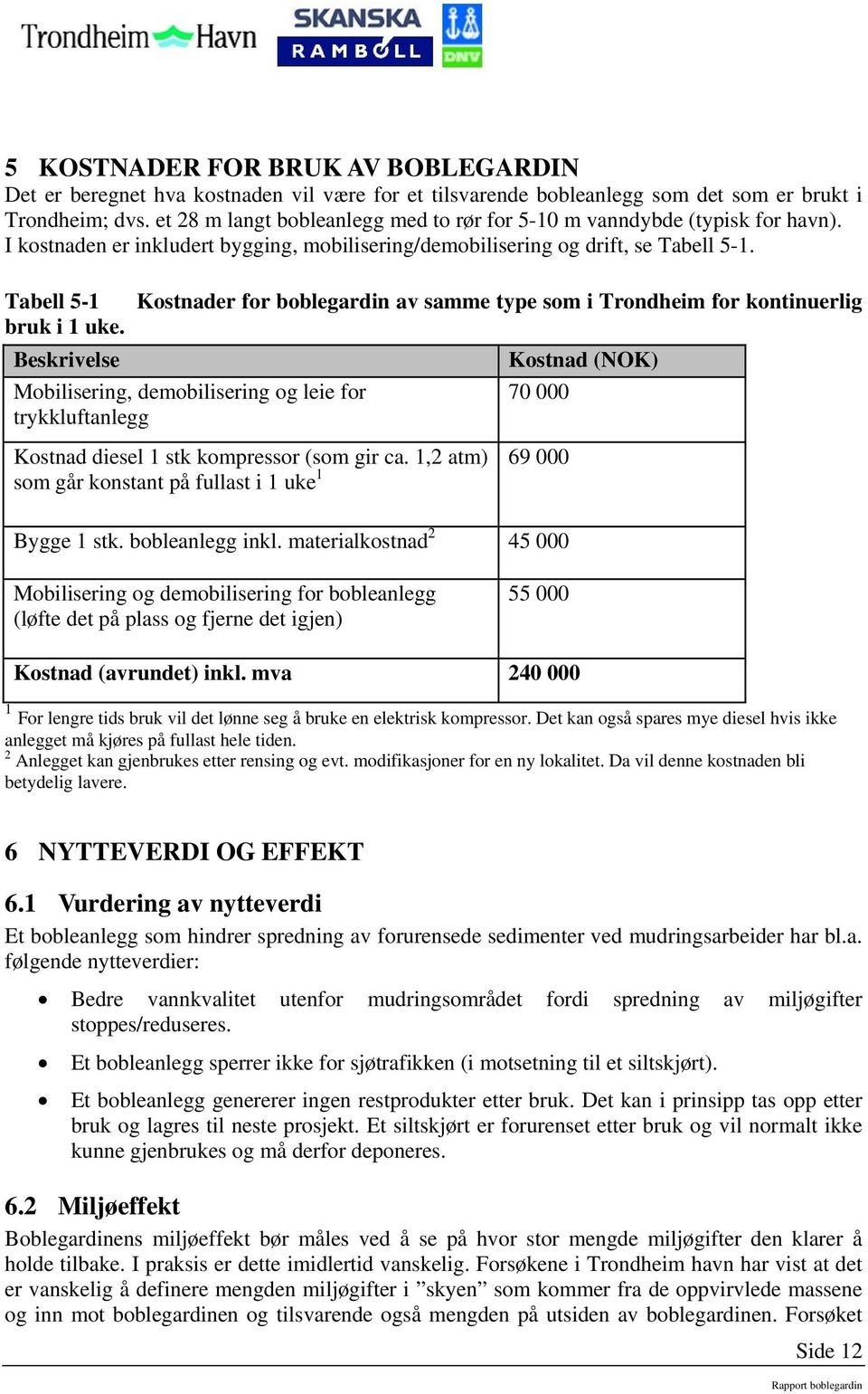 Tabell 5-1 Kostnader for boblegardin av samme type som i Trondheim for kontinuerlig bruk i 1 uke.