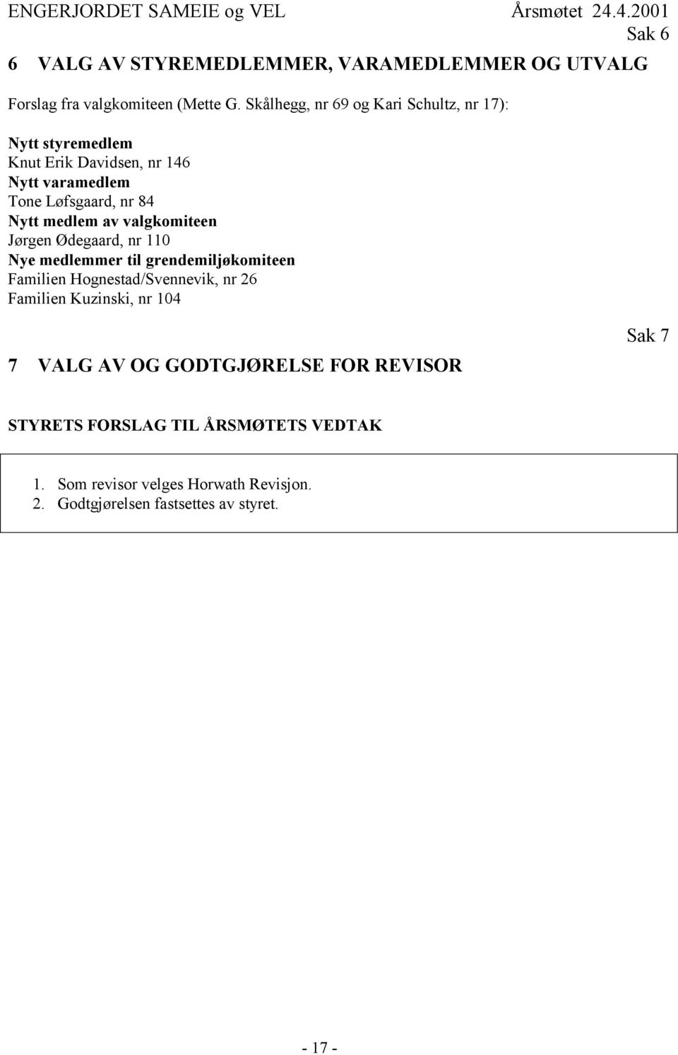 medlem av valgkomiteen Jørgen Ødegaard, nr 110 Nye medlemmer til grendemiljøkomiteen Familien Hognestad/Svennevik, nr 26 Familien