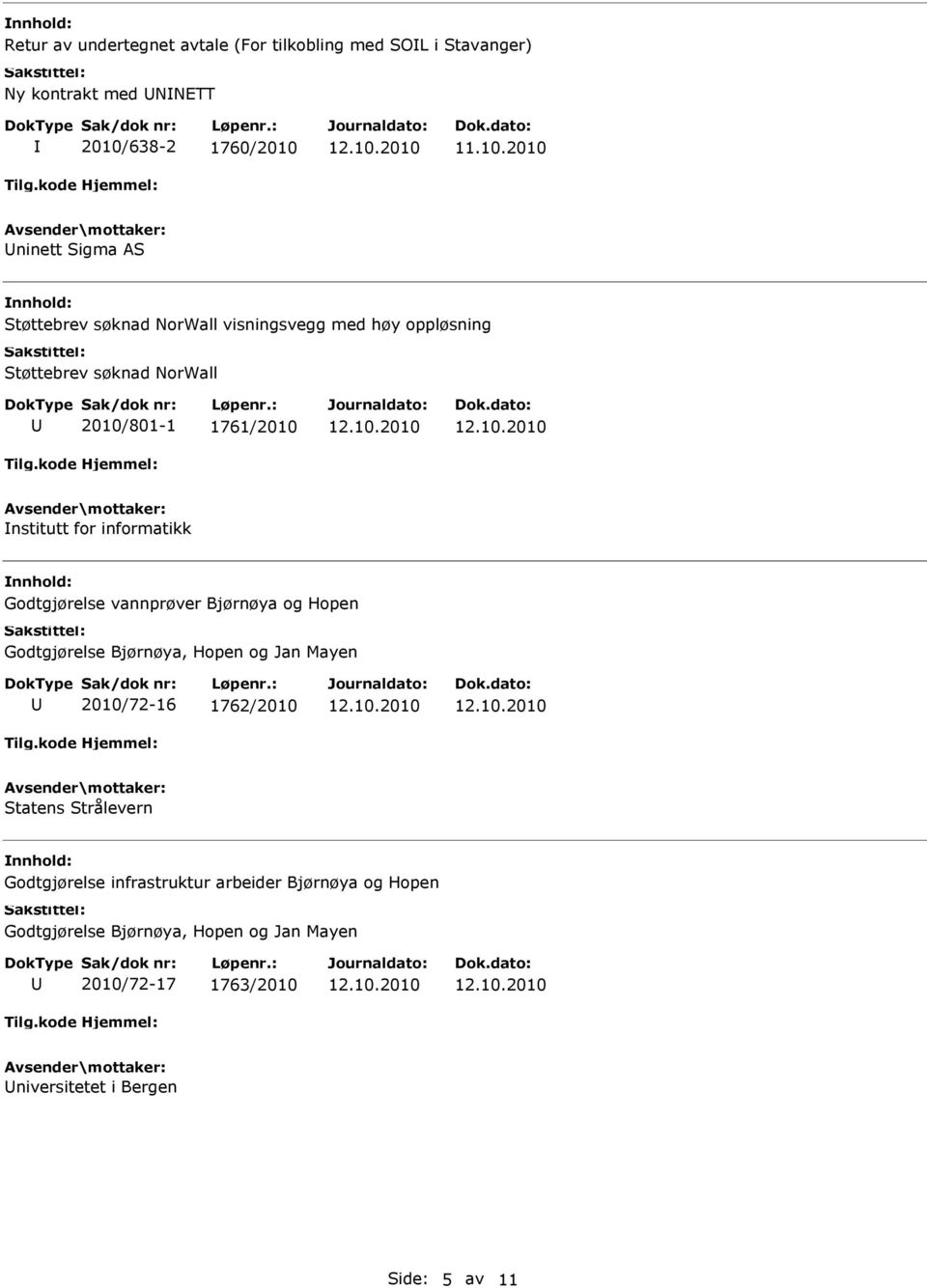 1761/2010 nstitutt for informatikk Godtgjørelse vannprøver Bjørnøya og Hopen 2010/72-16 1762/2010 Statens