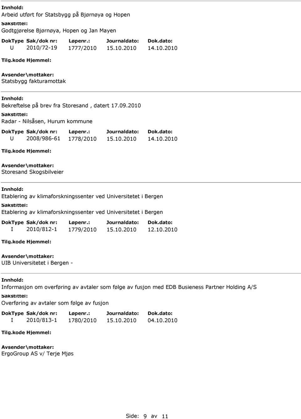 Etablering av klimaforskningssenter ved niversitetet i Bergen 2010/812-1 1779/2010 B niversitetet i Bergen - nformasjon om overføring av avtaler som