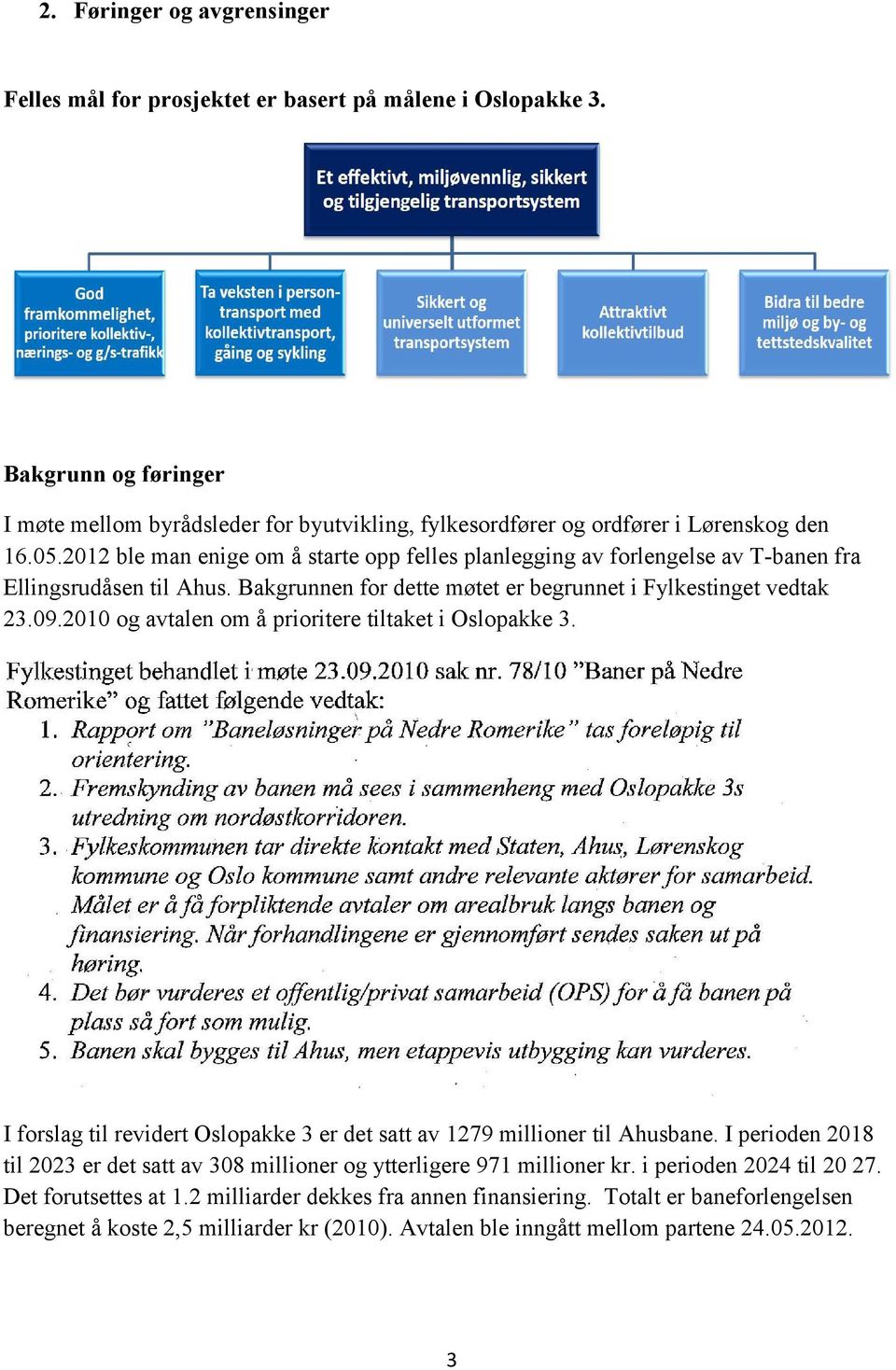 2010 og avtalen om å prioritere tiltaket i Oslopakke 3. I forslag til revidert Oslopakke 3 er det satt av 1279 millioner til Ahusbane.