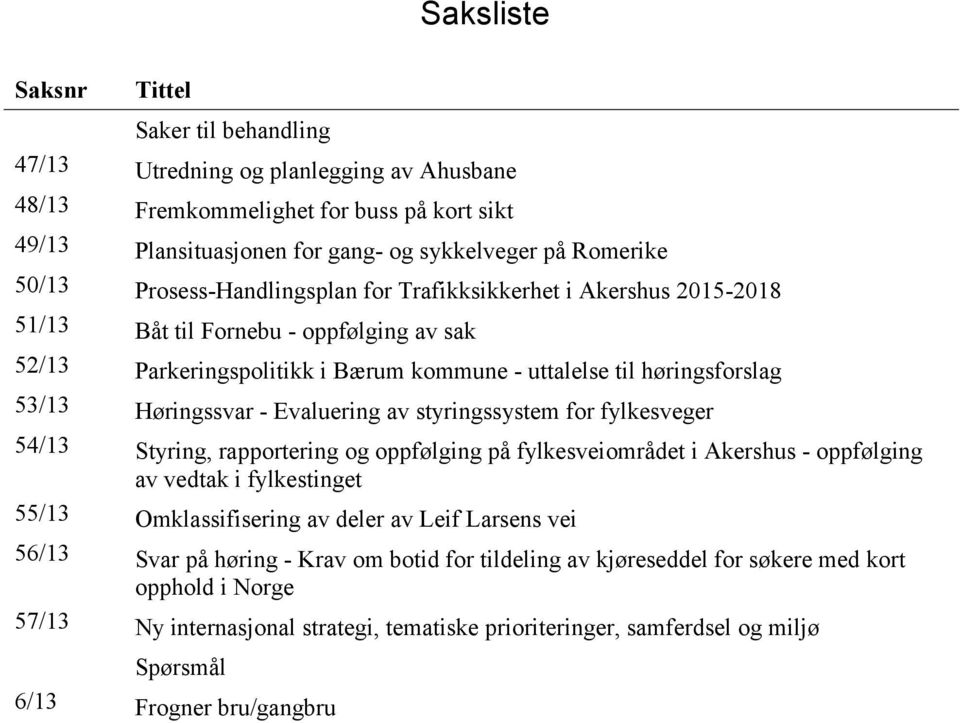 Evaluering av styringssystem for fylkesveger 54/13 Styring, rapportering og oppfølging på fylkesveiområdet i Akershus - oppfølging av vedtak i fylkestinget 55/13 Omklassifisering av deler av Leif