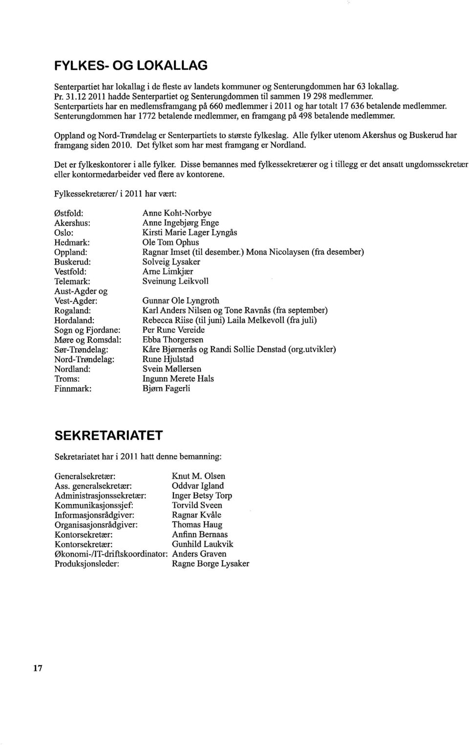 Oppland og Nord-Trøndelag er Senterpartiets to største fylkeslag. Alle fylker utenom Akershus og Buskerud har framgang siden 2010. Det fylket som har mest framgang er Nordland.