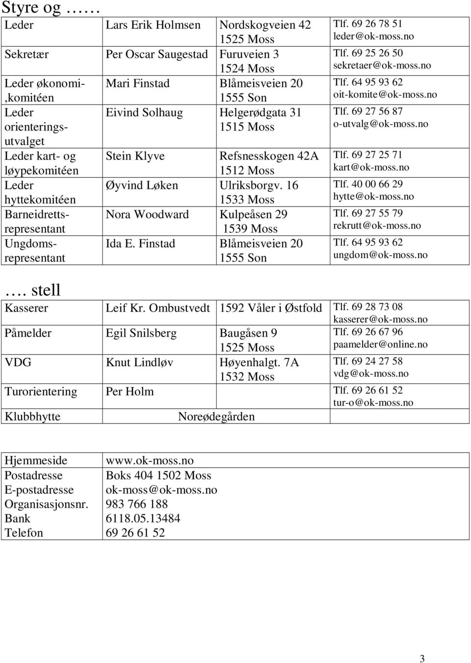 Ulriksborgv. 16 1533 Moss Nora Woodward Kulpeåsen 29 1539 Moss Ida E. Finstad Blåmeisveien 20 1555 Son Tlf. 69 26 78 51 leder@ok-moss.no Tlf. 69 25 26 50 sekretaer@ok-moss.no Tlf. 64 95 93 62 oit-komite@ok-moss.