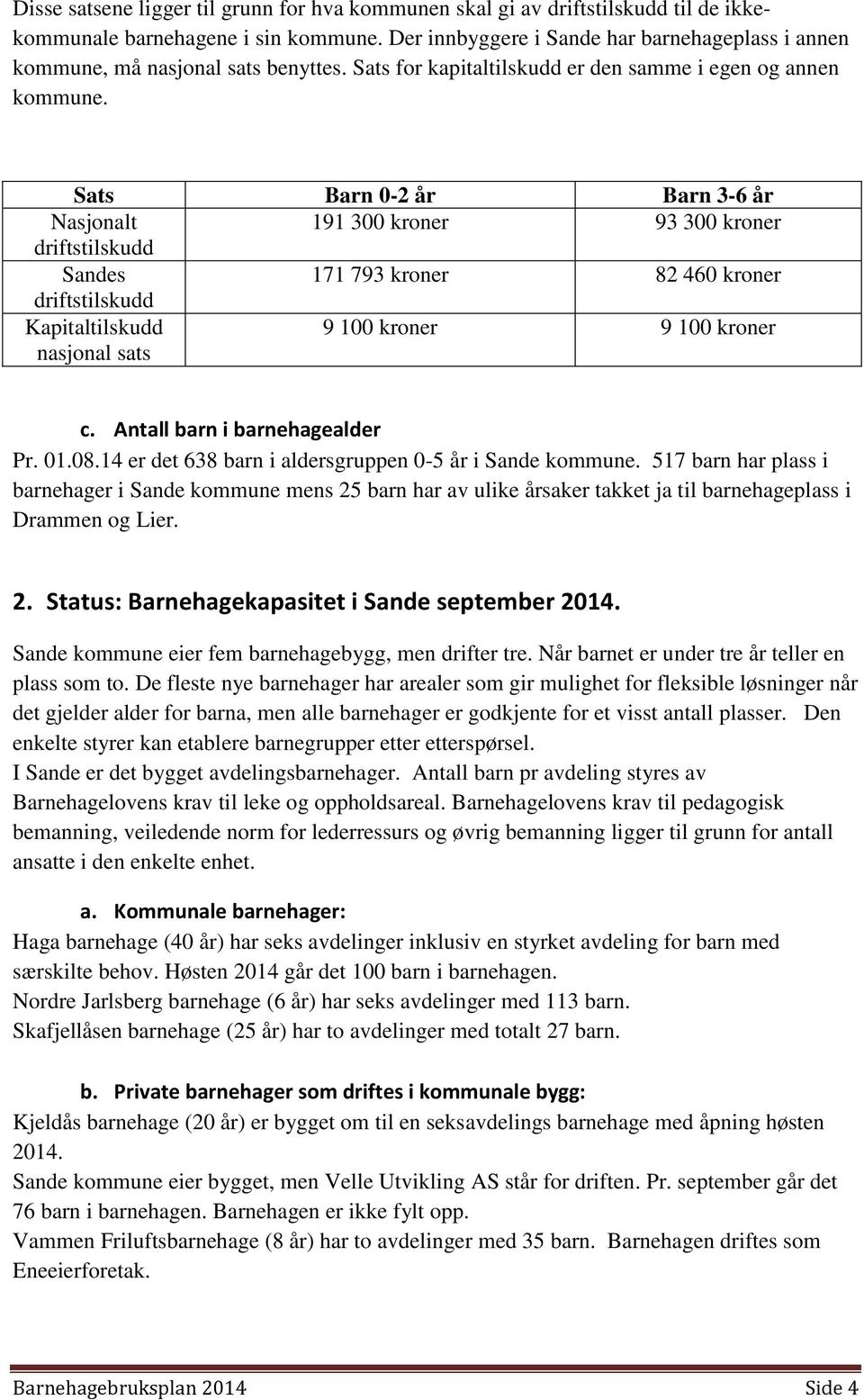 Sats Barn 0-2 år Barn 3-6 år Nasjonalt 191 300 kroner 93 300 kroner driftstilskudd Sandes 171 793 kroner 82 460 kroner driftstilskudd Kapitaltilskudd nasjonal sats 9 100 kroner 9 100 kroner c.