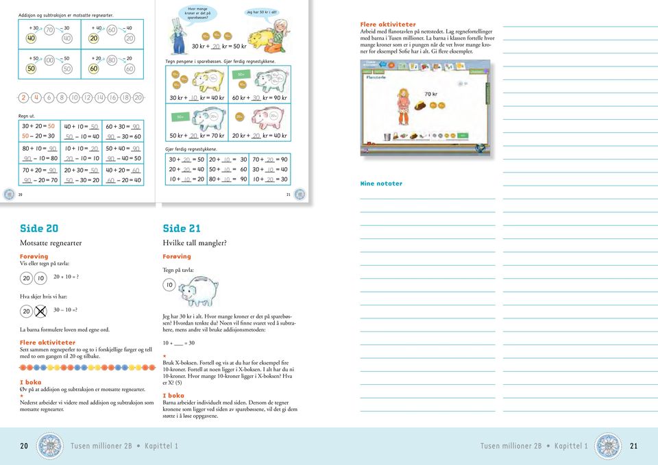 La barna i klassen fortelle hvor mange oner som er i pungen når de vet hvor mange oner for eksempel Sofie har i alt. Gi flere eksempler. 0 0 30 + _ 0 = 0 0 + _ 30 = 90 Regn ut.
