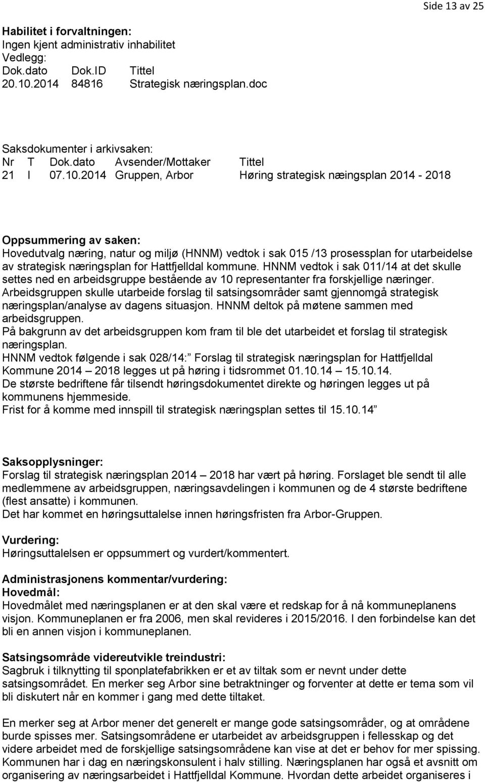 2014 Gruppen, Arbor Høring strategisk næingsplan 2014-2018 Oppsummering av saken: Hovedutvalg næring, natur og miljø (HNNM) vedtok i sak 015 /13 prosessplan for utarbeidelse av strategisk næringsplan