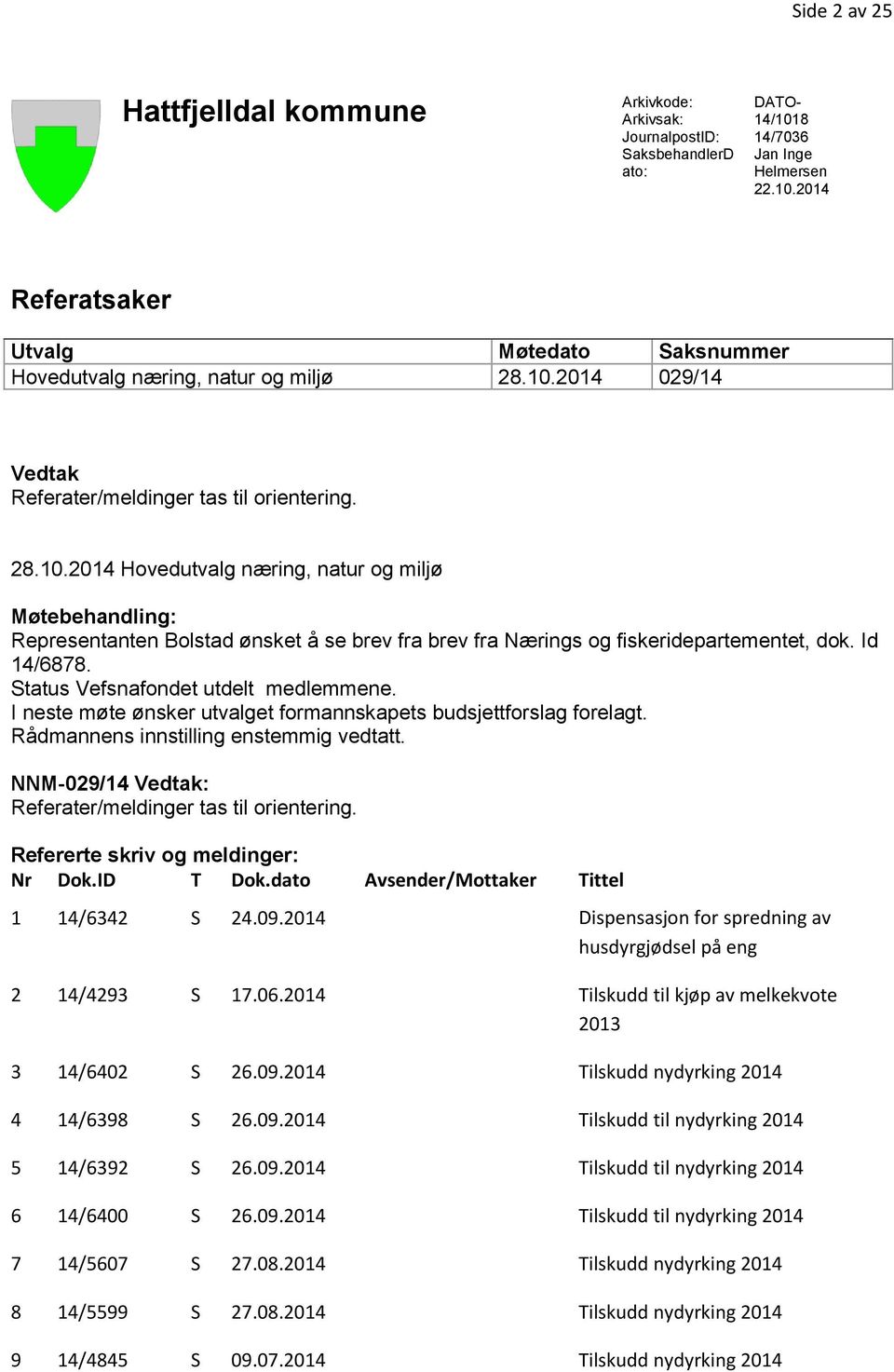 Id 14/6878. Status Vefsnafondet utdelt medlemmene. I neste møte ønsker utvalget formannskapets budsjettforslag forelagt. Rådmannens innstilling enstemmig vedtatt.