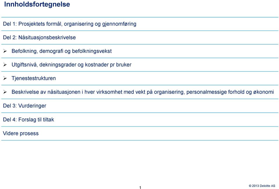 kostnader pr bruker Tjenestestrukturen Beskrivelse av nåsituasjonen i hver virksomhet med vekt på