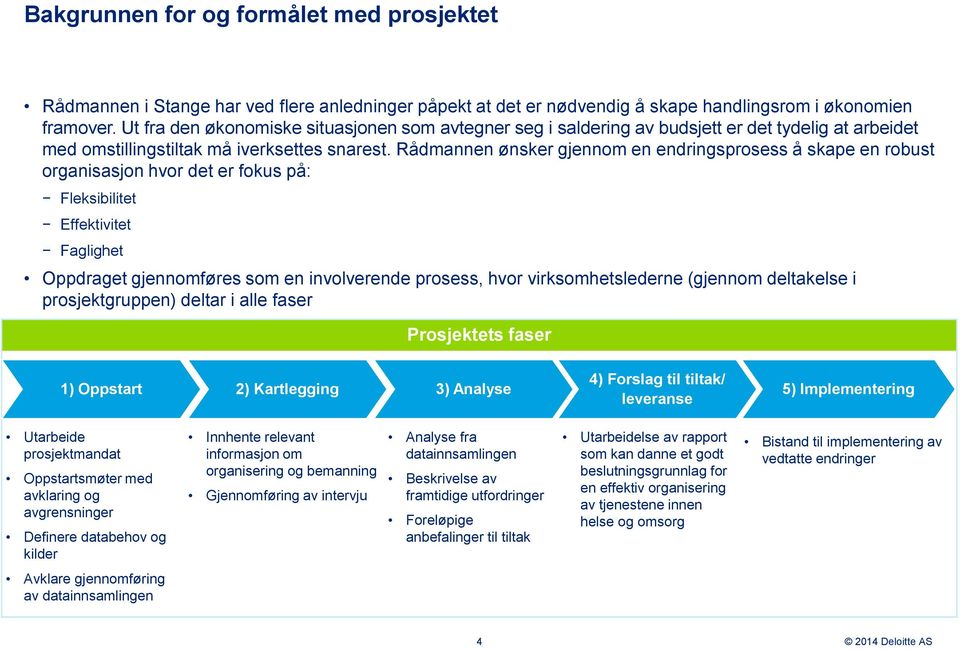 Rådmannen ønsker gjennom en endringsprosess å skape en robust organisasjon hvor det er fokus på: Fleksibilitet Effektivitet Faglighet Oppdraget gjennomføres som en involverende prosess, hvor