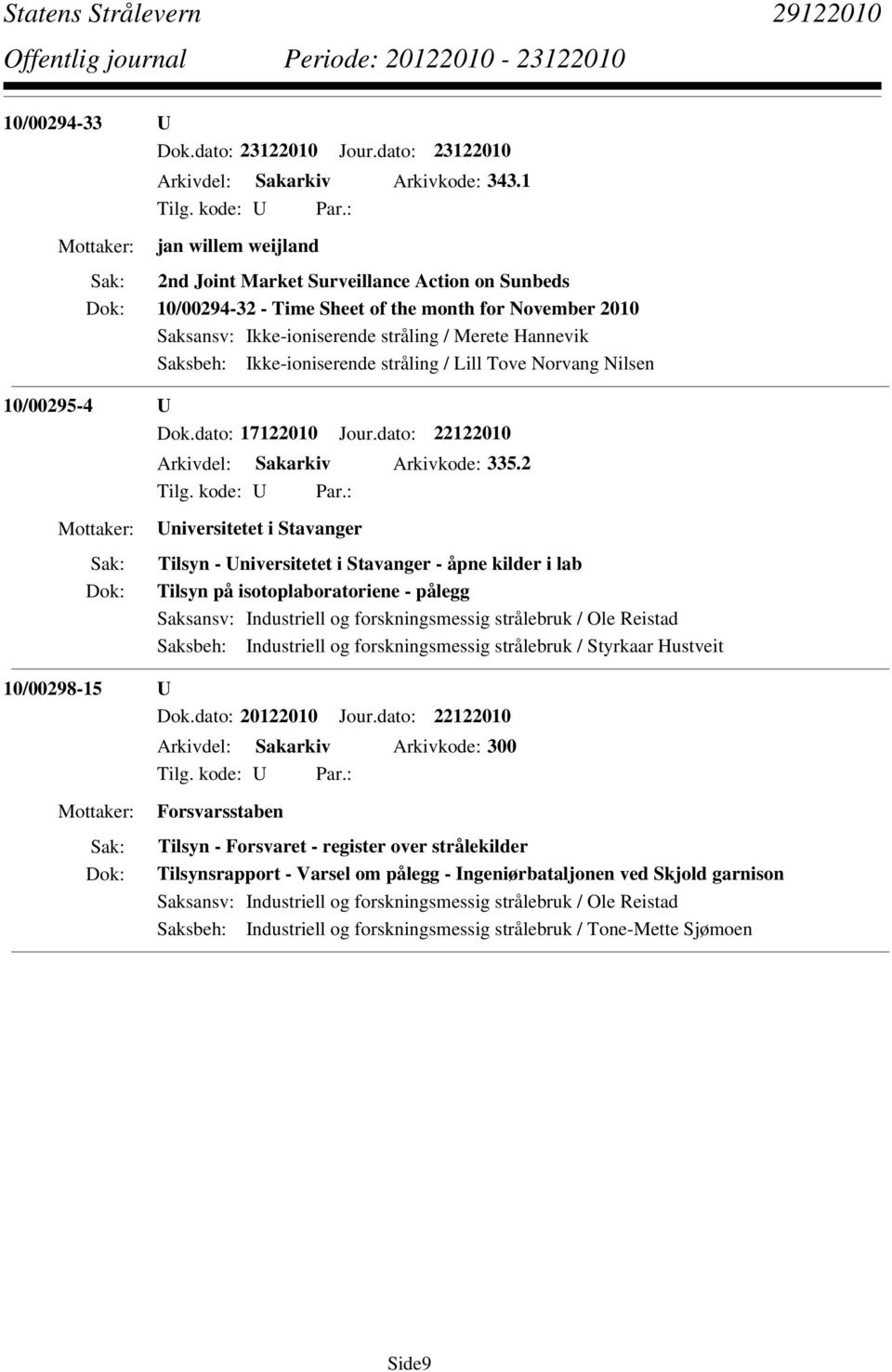 Ikke-ioniserende stråling / Lill Tove Norvang Nilsen 10/00295-4 U Dok.dato: 17122010 Jour.dato: 22122010 Arkivdel: Sakarkiv Arkivkode: 335.