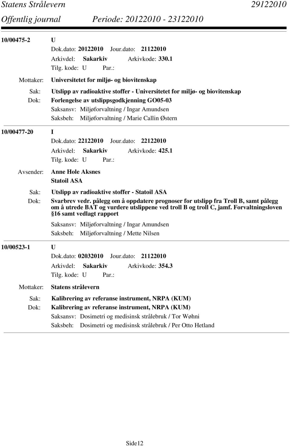 Amundsen Saksbeh: Miljøforvaltning / Marie Callin Østern 10/00477-20 I Dok.dato: 22122010 Jour.dato: 22122010 Arkivdel: Sakarkiv Arkivkode: 425.