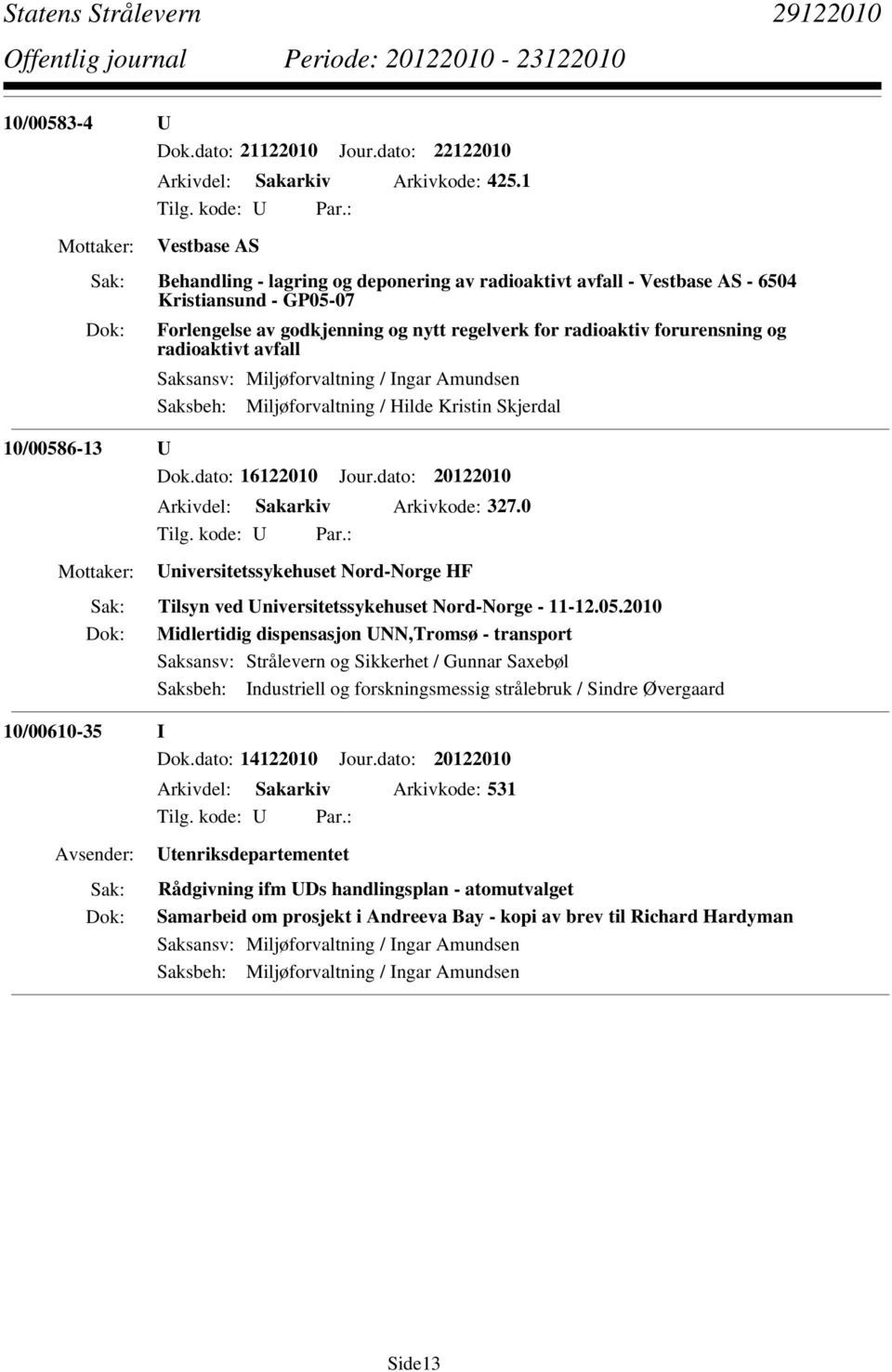 radioaktivt avfall Saksansv: Miljøforvaltning / Ingar Amundsen Saksbeh: Miljøforvaltning / Hilde Kristin Skjerdal 10/00586-13 U Dok.dato: 16122010 Jour.