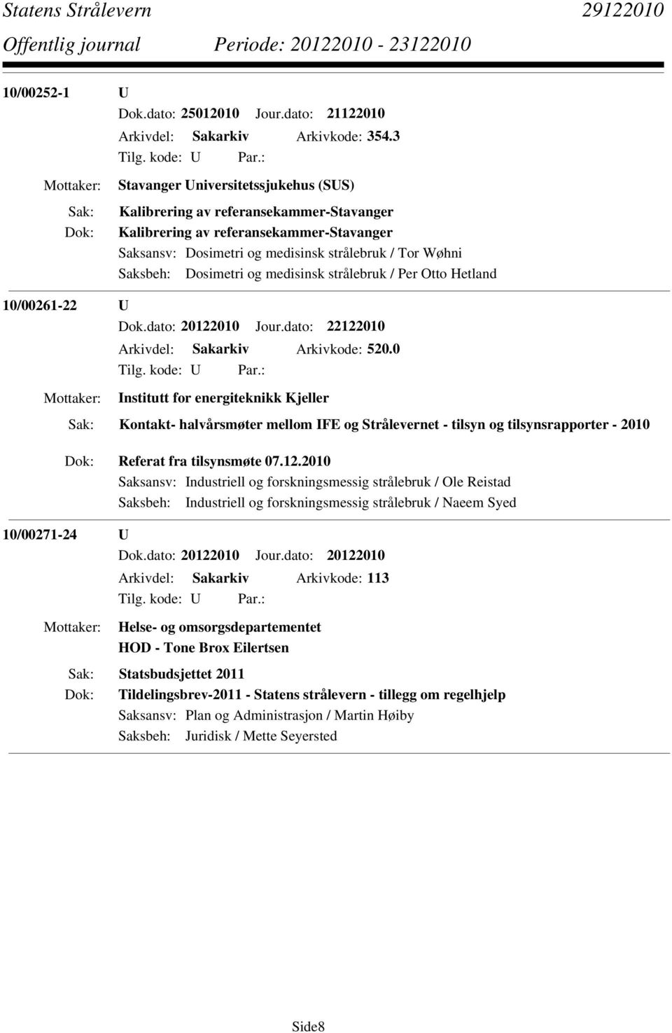 medisinsk strålebruk / Per Otto Hetland 10/00261-22 U Dok.dato: 20122010 Jour.dato: 22122010 Arkivdel: Sakarkiv Arkivkode: 520.